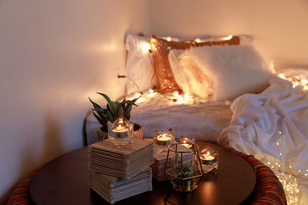 winter wellness: cozy bedroom with string lights